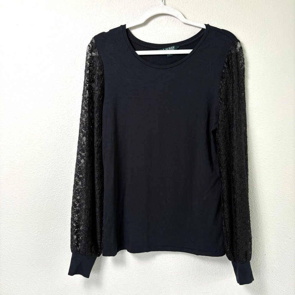 Lauren Ralph‎ Lauren Crewneck Top Womens L Black Pullover Lace Sleeve